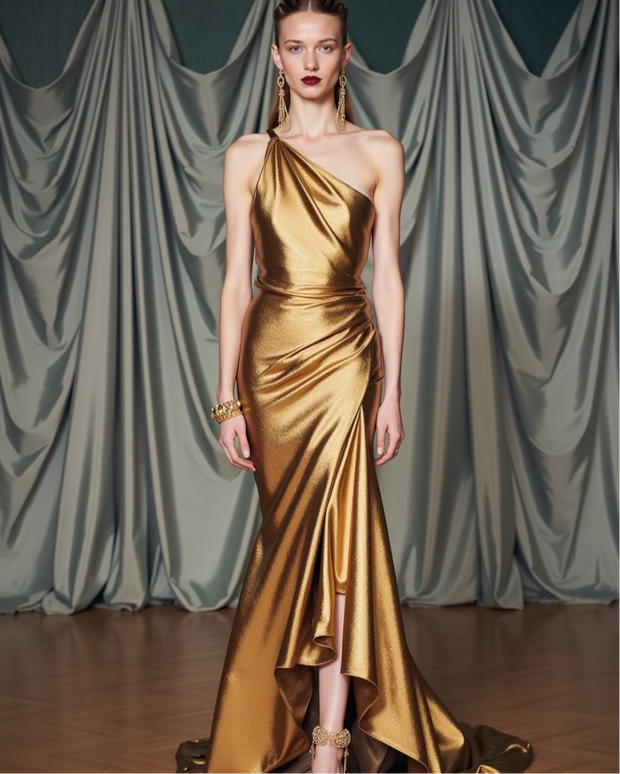 Alina One-Shoulder Gold Dress