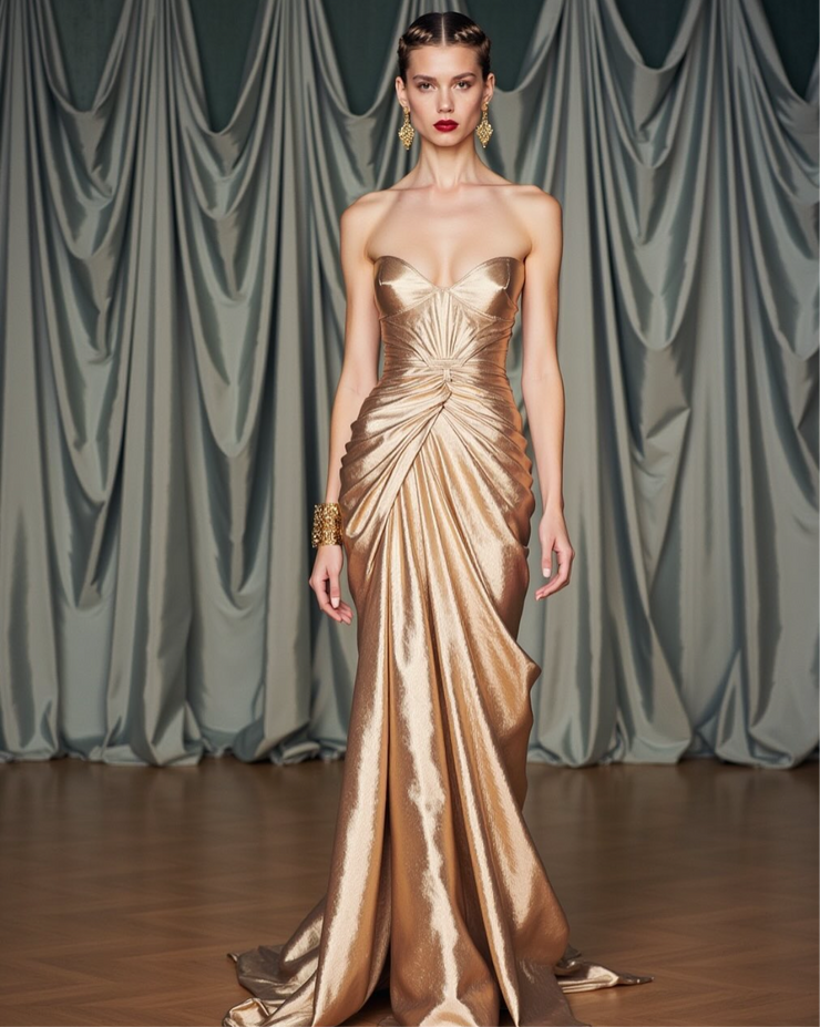 Zeina Sweatheart-Neckline Gold Dress