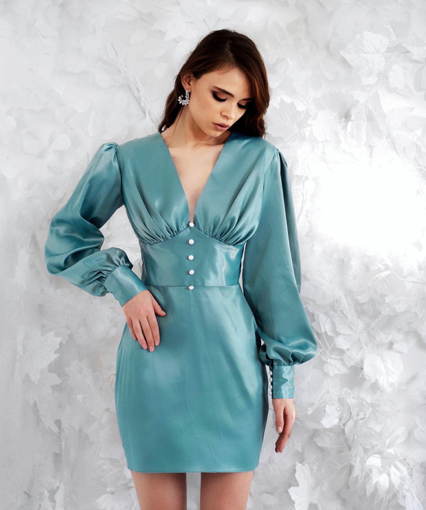 V-Neck Long Sleeve Satin Dress with Buttons - Amelie Baku Couture