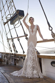 Plunging Neckline Multi-Layered Gown with Lace Detail - Amelie Baku Couture