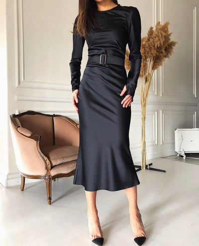 Long sleeve Midi Sateen Dress with belt detail - Amelie Baku Couture