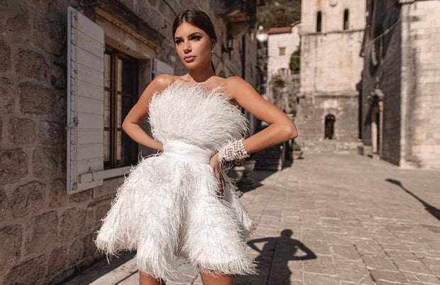 Chic short formal dress with feathered - Amelie Baku Couture