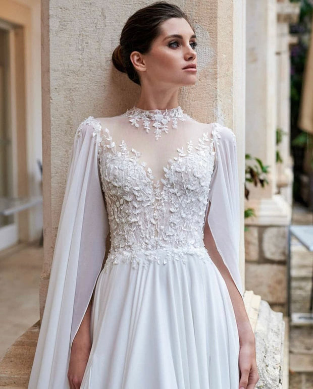 Lace A-line gown with high front and long bat sleeve - Amelie Baku Couture