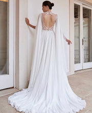 Lace A-line gown with high front and long bat sleeve - Amelie Baku Couture