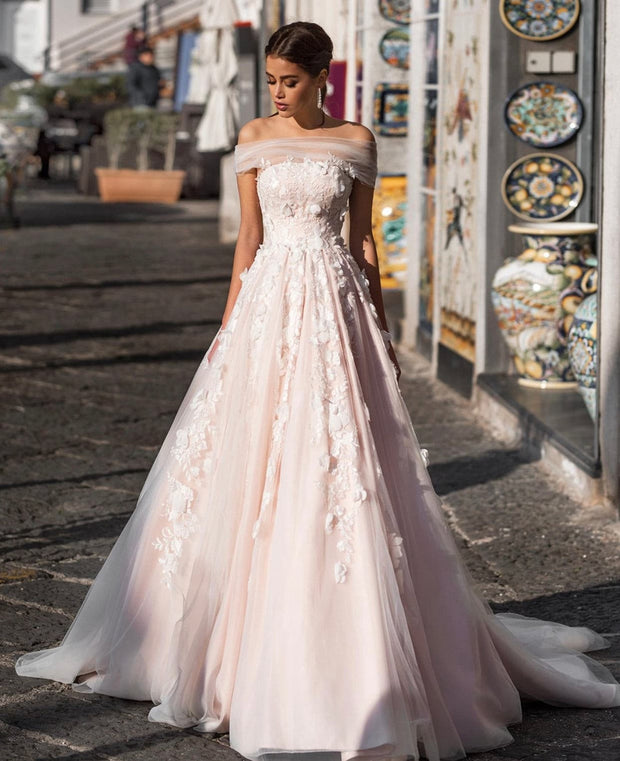 Off-the-Shoulder Lace Detail Bridal Gown - Amelie Baku Couture