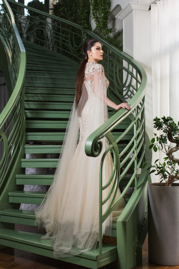 Long Tulle Cape Laurel Gown with 3D Flowers - Amelie Baku Couture
