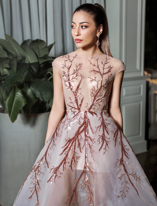 Short Sleeve Tulle Midi Dress Decorated with Trees - Amelie Baku Couture