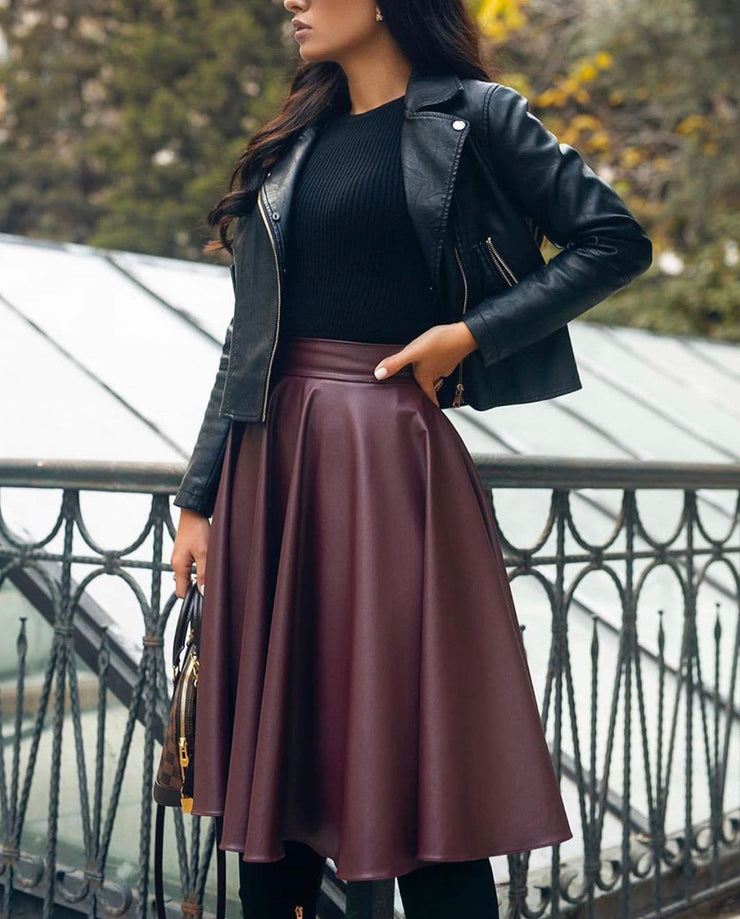 Pleated Leather Midi Skirt - Amelie Baku Couture