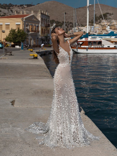 Off-Shoulder Open Back Gown with a 3D Flowers - Amelie Baku Couture
