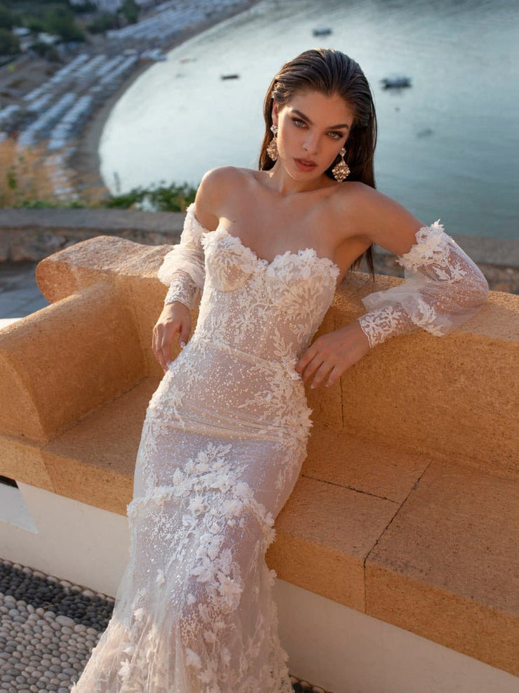 Sweetheart Neckline Soft Corset Mermaid Gown with 3D Flowers - Amelie Baku Couture