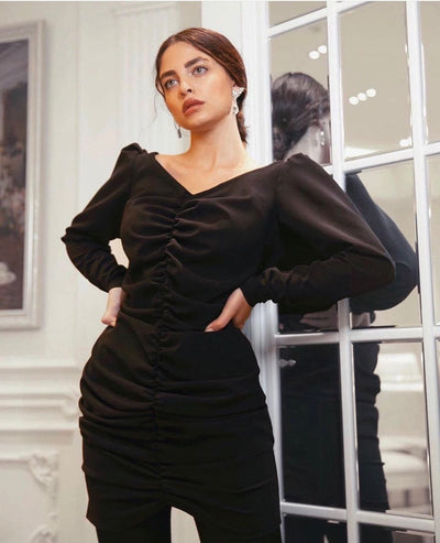 Long Sleeve Mini Black Dress - Amelie Baku Couture