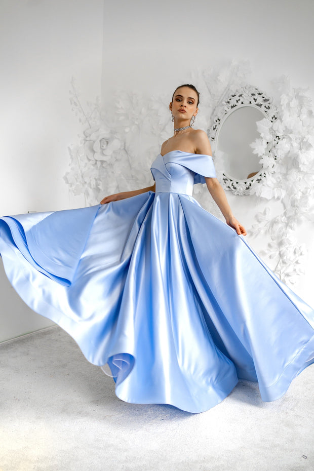 Off-Shoulder A-Line Satin Livia Gown - Amelie Baku Couture