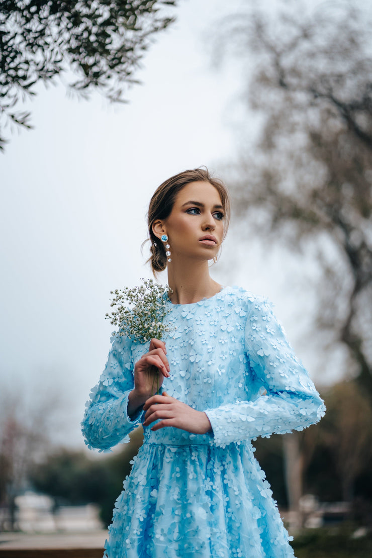 A-Line Long Sleeves Arina Gown with 3D Flowers - Amelie Baku Couture