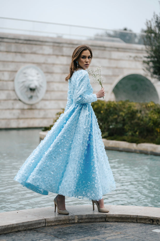 A-Line Long Sleeves Arina Gown with 3D Flowers - Amelie Baku Couture