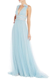 A-line dress with plunging V-neckline and beaded waist - Amelie Baku Couture