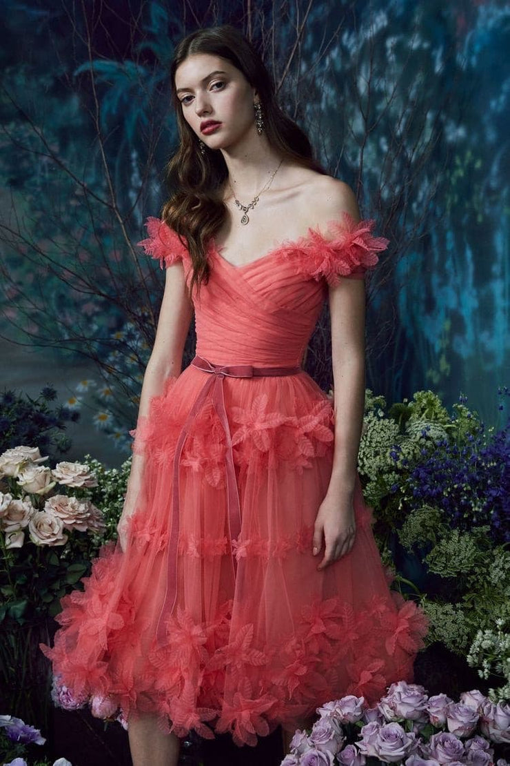 Off-the-shoulder design 3D floral detailing dress - Amelie Baku Couture