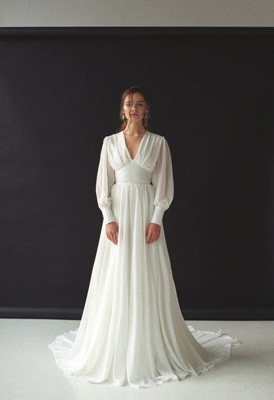 Chiffon Dress Long Sleeve V line - Amelie Baku Couture