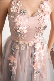 Floral Applique Plunging V-Neck A line  Dress by Amèlie Couture - Amelie Baku Couture