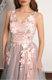 Floral Applique Plunging V-Neck A line  Dress by Amèlie Couture - Amelie Baku Couture