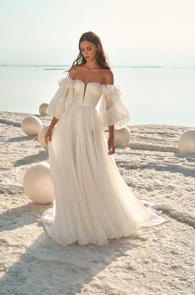A-Line Chiffon Gown with Pleated Bodice and Blouson Sleeves - Amelie Baku Couture