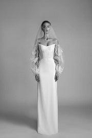 Elegant off-the-shoulder gown with translucent sleeves - Amelie Baku Couture