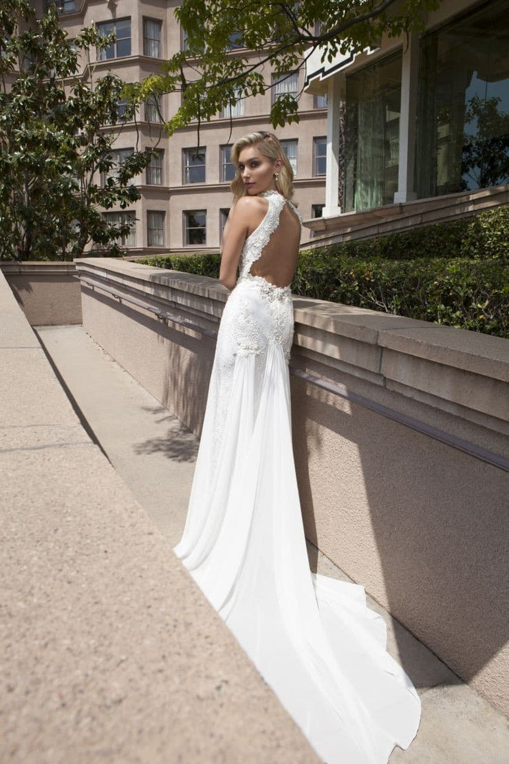 High Neck Open Back Gown with Beads - Amelie Baku Couture