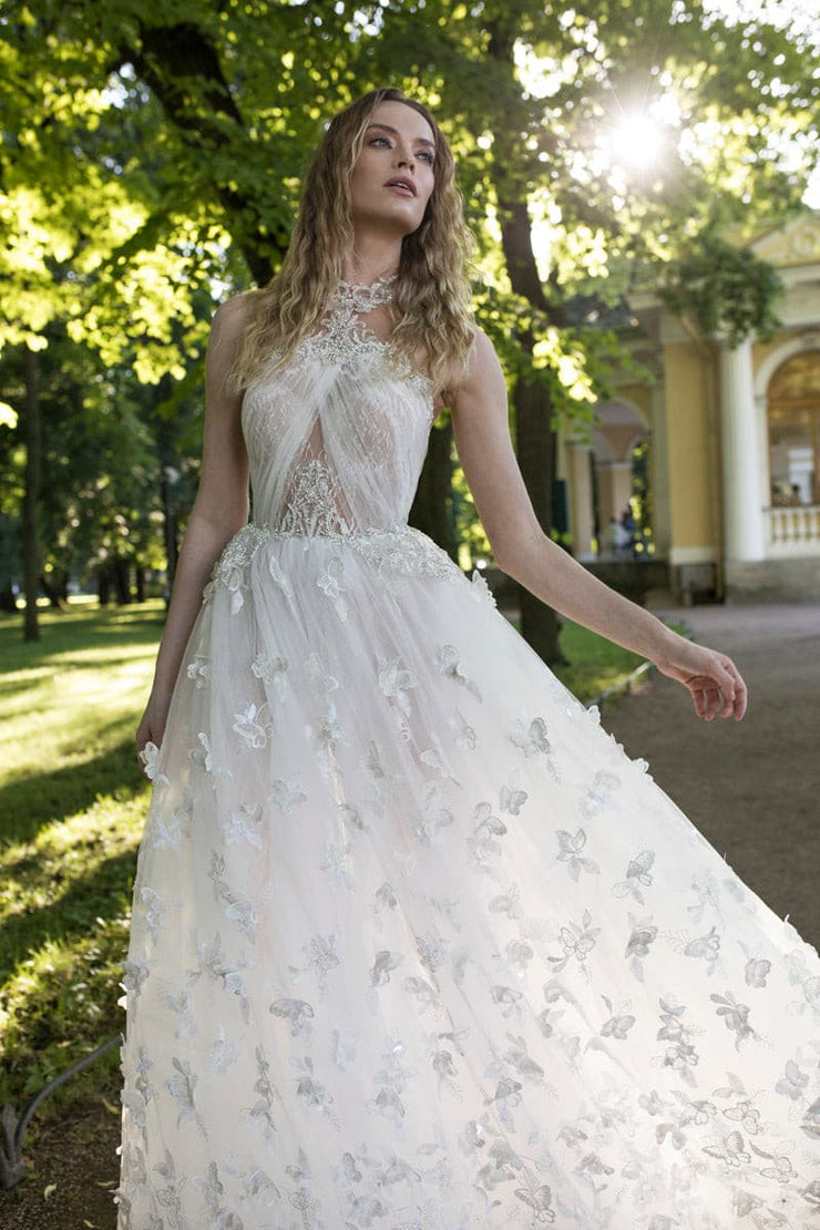 High Neckline Hand Sewn Pearls and Rhinestones Gown with 3D Butterflies - Amelie Baku Couture