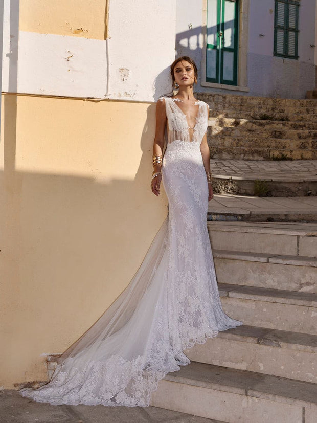 Plunging Neckline Sleeveless Gown with Flowers - Amelie Baku Couture