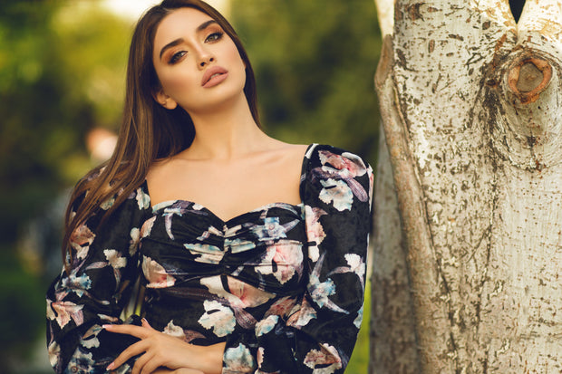 Floral Print Velour Top - Amelie Baku Couture