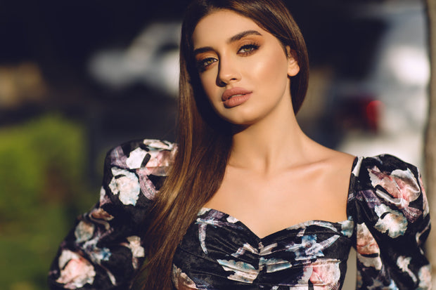 Floral Print Velour Top - Amelie Baku Couture