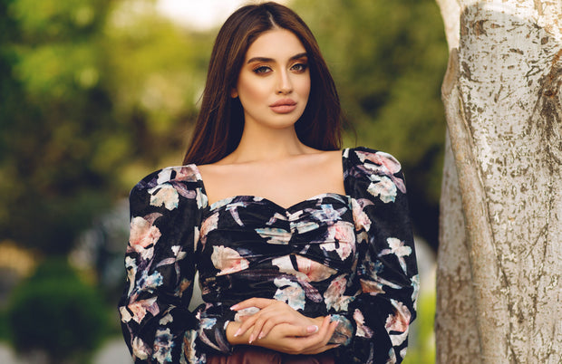 Floral Print Velour Top - Amelie Baku Couture