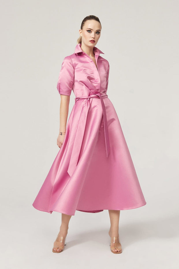 Lily Pink Satin Tea Length Dress - Amelie Baku Couture