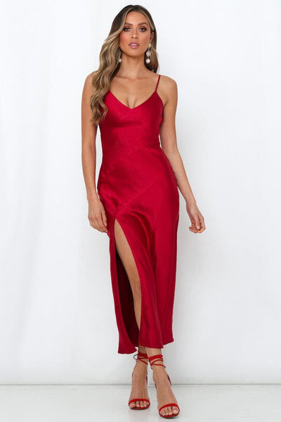 Red cherry dress with slit - Amelie Baku Couture