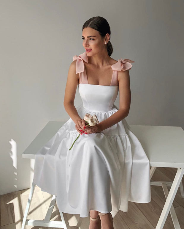 Elizabeth tie shoulder white midi dress - Amelie Baku Couture