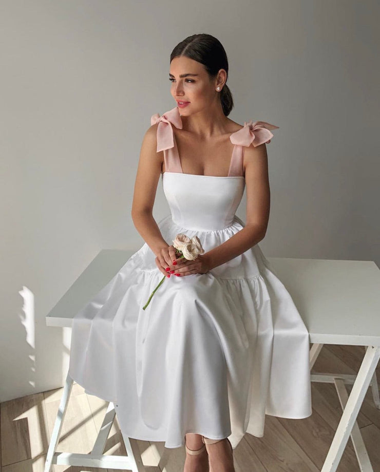 Elizabeth tie shoulder white midi dress | Amelie Baku Couture Elizabeth tie shoulder white midi dress | Amelie Baku Couture