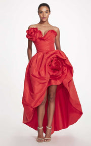 Strapless Draped Rose-Accented Faille Ball Gown