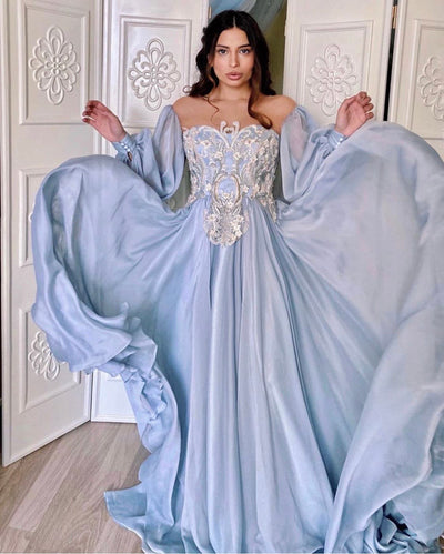 Baby Blue balloon  sleeve dress - Amelie Baku Couture