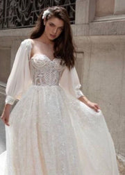 A-line bridal dress with puffy sleeves - Amelie Baku Couture