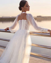 Avie tea length bishop sleeves bridal - Amelie Baku Couture