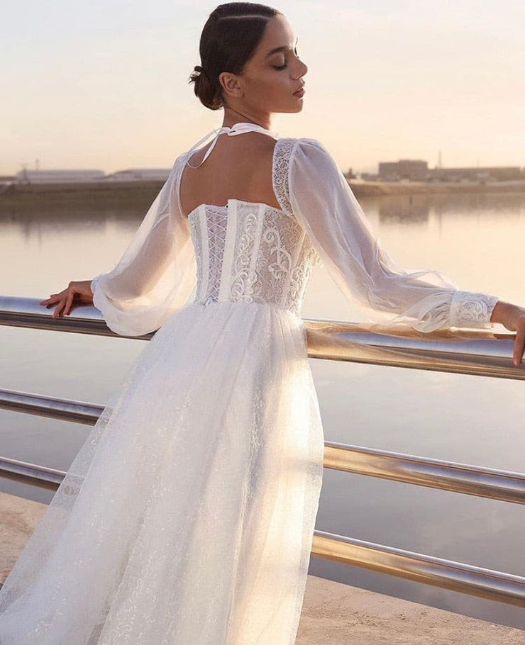 Avie tea length bishop sleeves bridal - Amelie Baku Couture