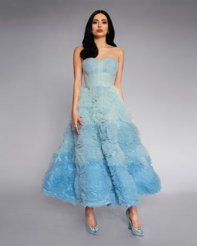 Strapless Ombre Tulle Tea Lenght Gown.