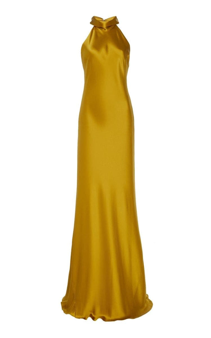 High-halterneck silk dress in Mustard shade - Amelie Baku Couture