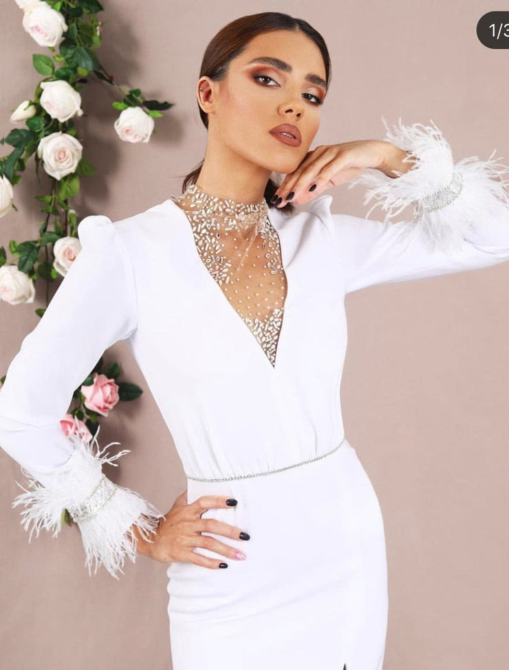White dress with feathers - Amelie Baku Couture