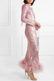 Open-back feather-trimmed satin gown - Amelie Baku Couture