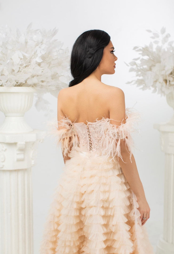 Dantel Corset Feather Neckline Off Shoulder Gown - Amelie Baku Couture