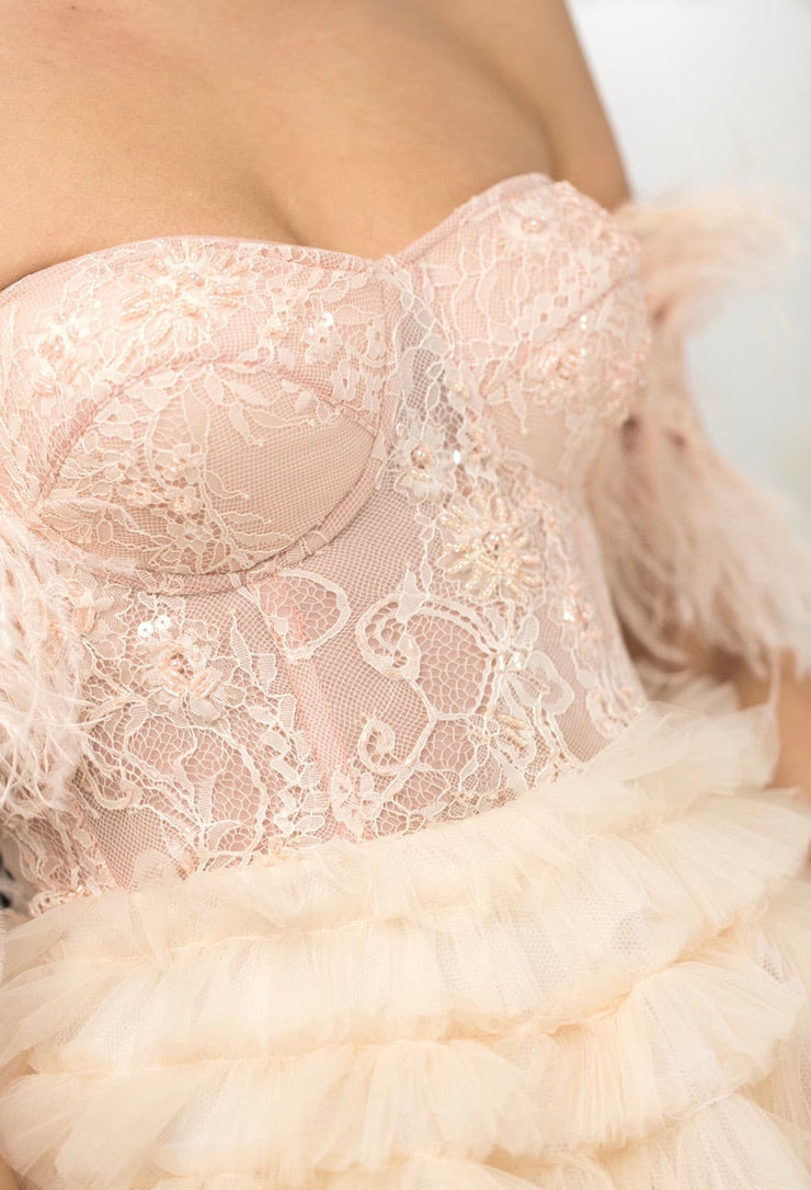 Dantel Corset Feather Neckline Off Shoulder Gown - Amelie Baku Couture
