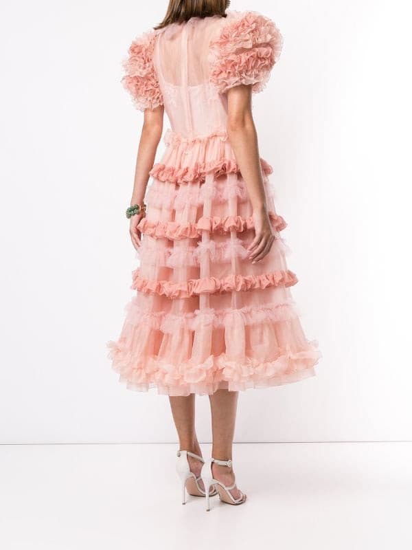 Puffy Sleeve Ruffled Midi Dress - Amelie Baku Couture