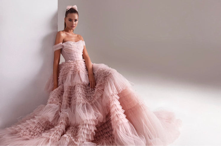 Ruffled Glamorous Pink Gown - Amelie Baku Couture