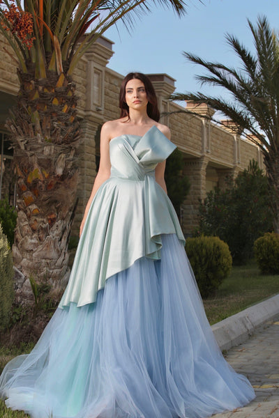 Blue A-line gown with bow accent on the bust - Amelie Baku Couture