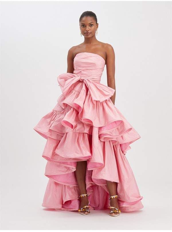 Pink Taffeta Strapless Ruffled Gown